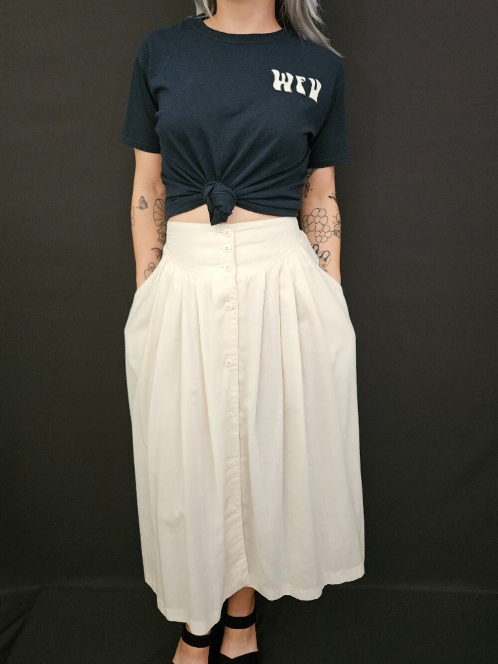 80s/90s Cathy Daniels Pleated Cream Button Front Skirt